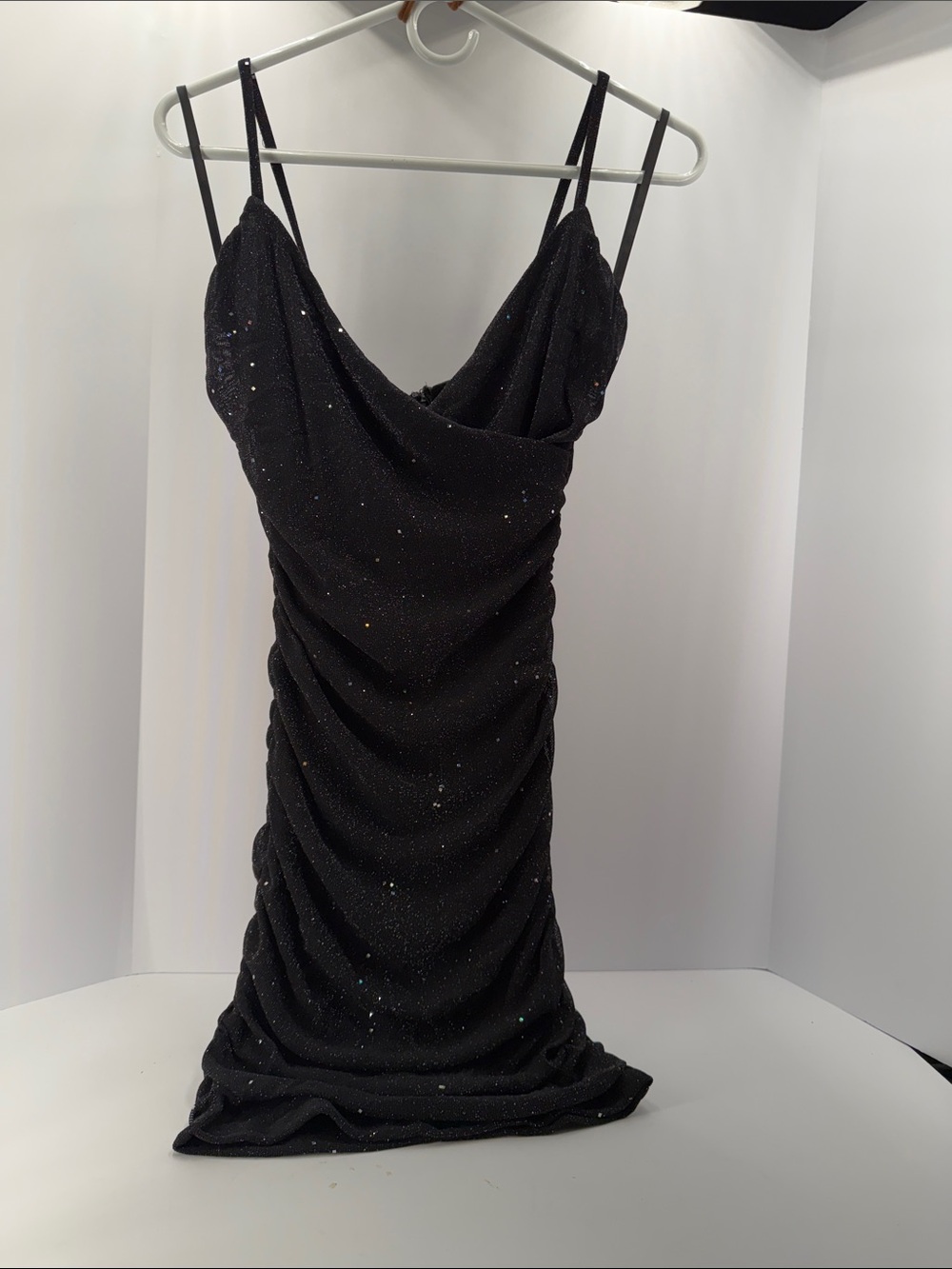 Black Sparkle deep v Neck Ruched Slip Dress - Women
